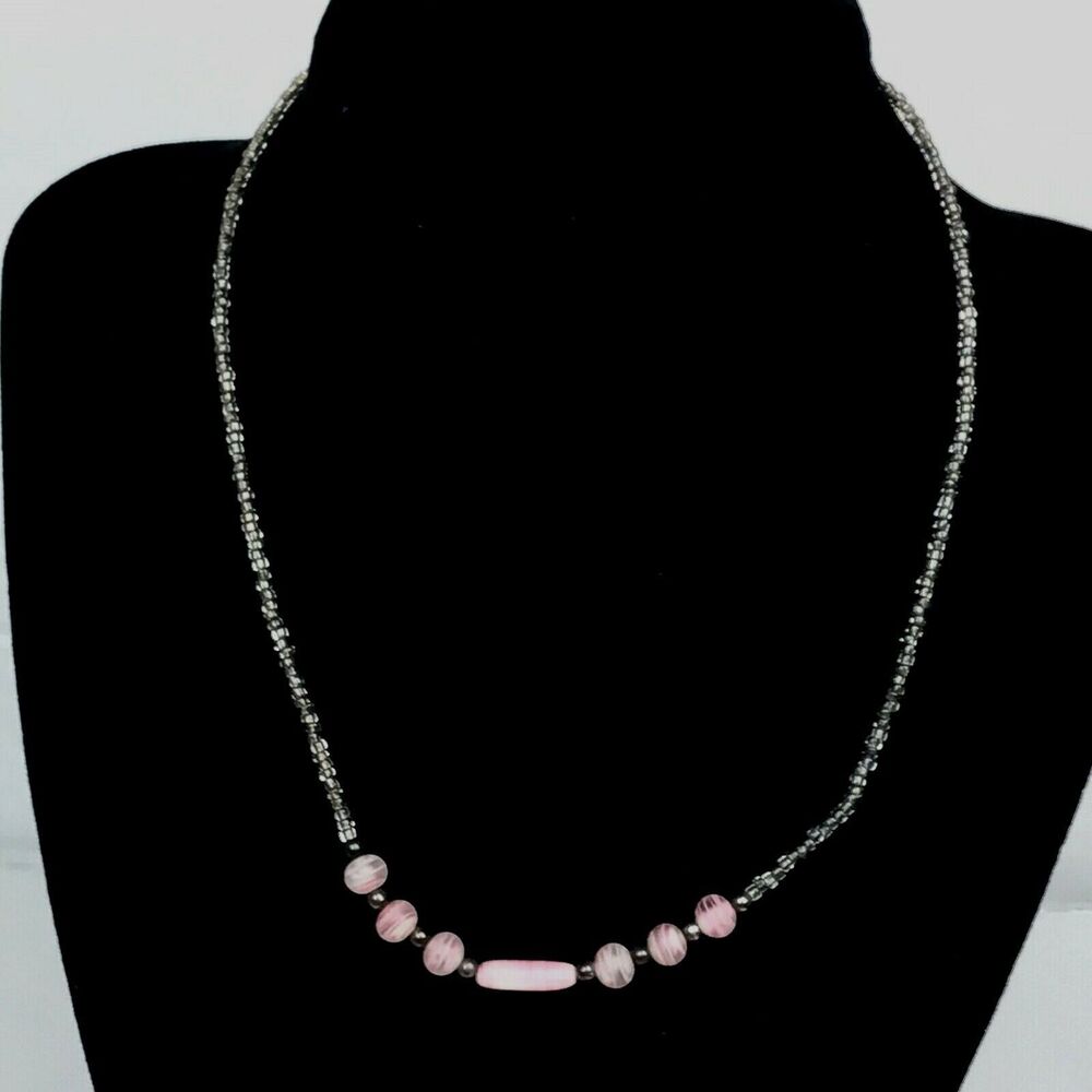 Vintage Glass Beaded 16” Choker Necklace Pink White Barrel Clasp
